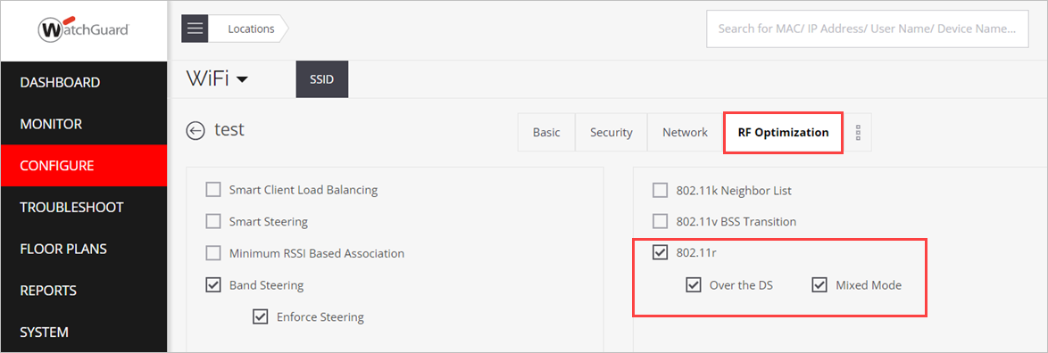 Screen shot of the 802.11r Fast Roaming options in an SSID Profile